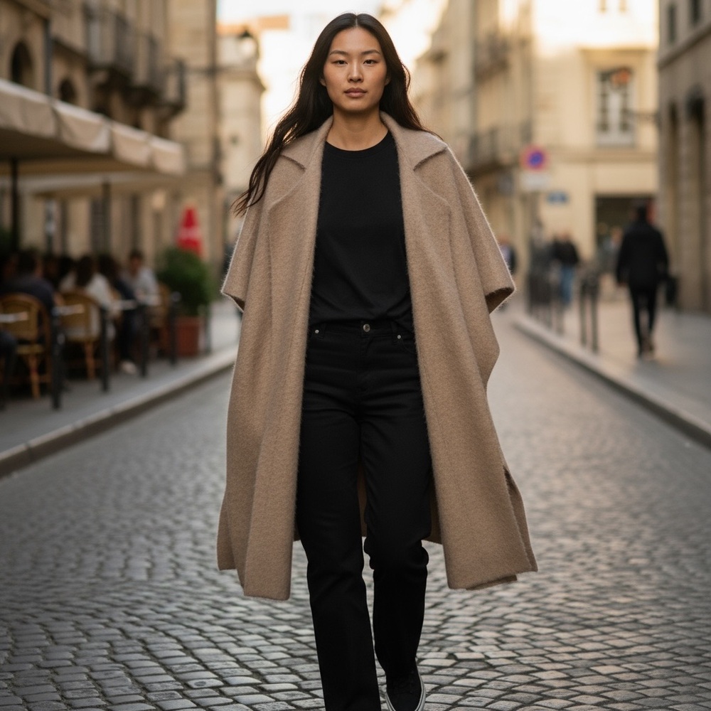 🆓 Shipping 100% Cashmere Open Front Long Coatigan- Oversized Camel Beige Wrap - Picture 2 of 11